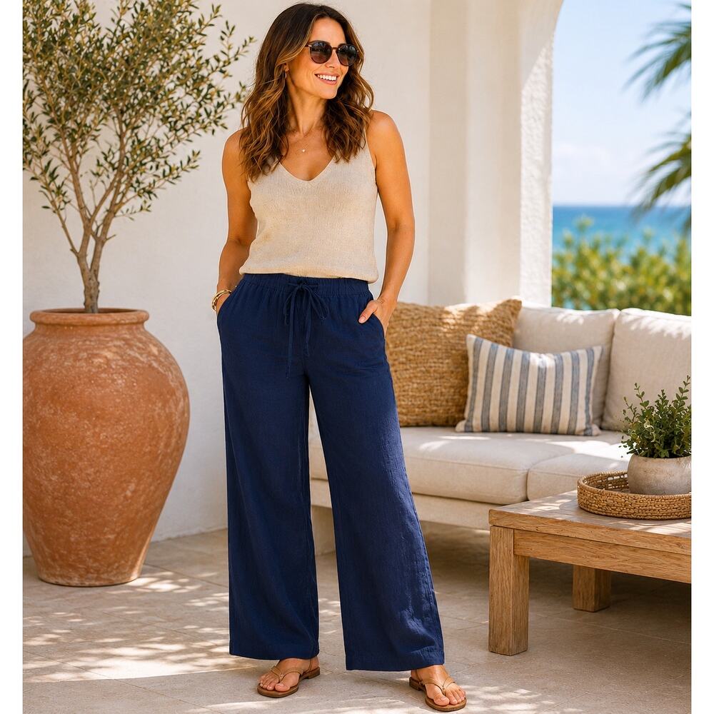 Tommy Bahama Linen Pants Women 16 Navy Blue Zip Front Tie Waist Coastal Resort